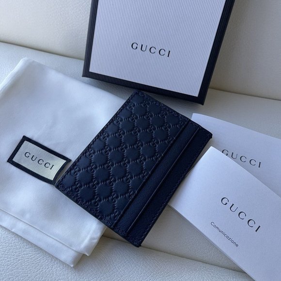 New Gucci Micro Guccissima GG Logo Leather Navy Blue Card Holder 100% authentic - Picture 2 of 5